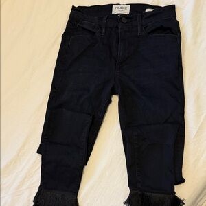 Frame Denim Black Cropped Fringe-Hem High-Rise Jeans